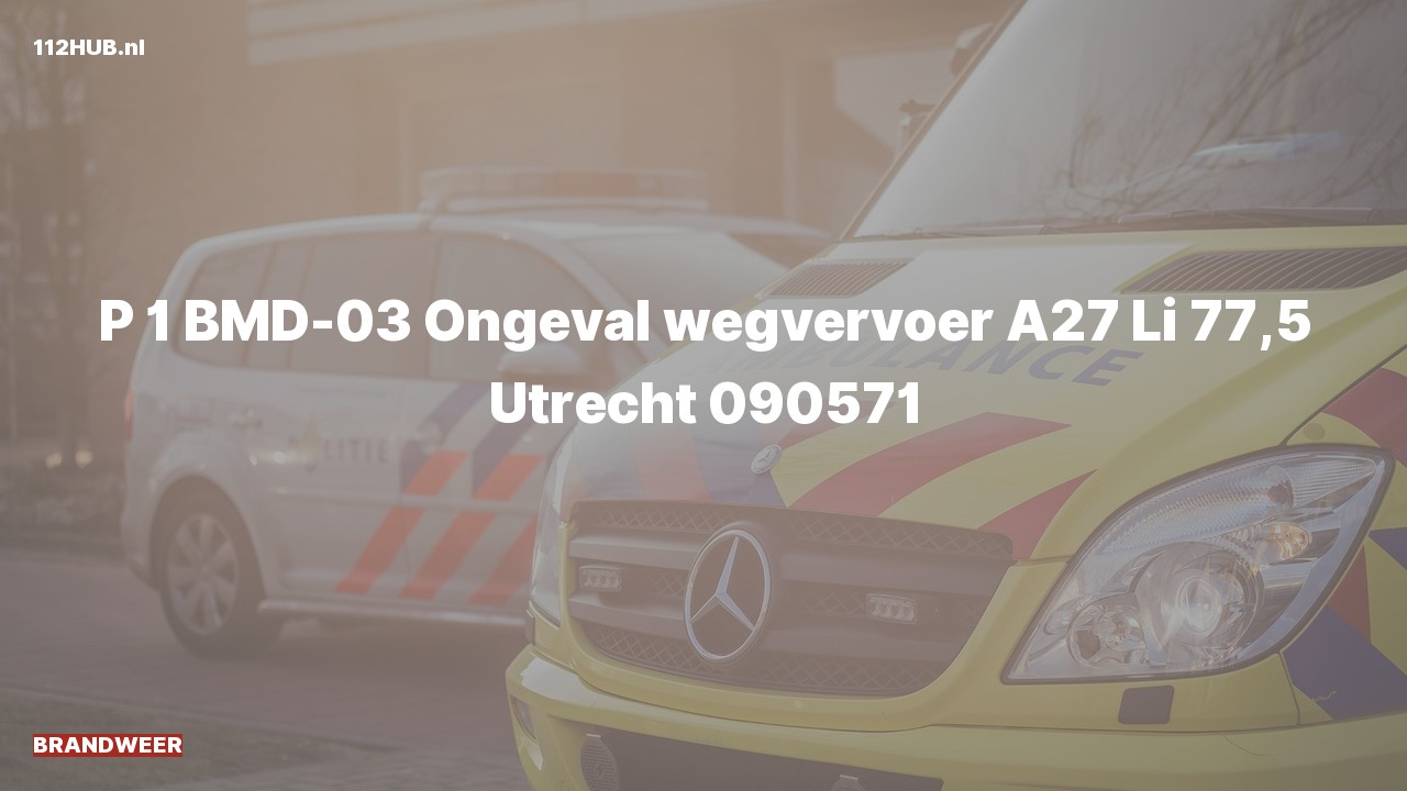 Deelafbeelding voor Brandweer met spoed voor verkeersongeval op de A27 bij hectometerpaaltje 77.5.