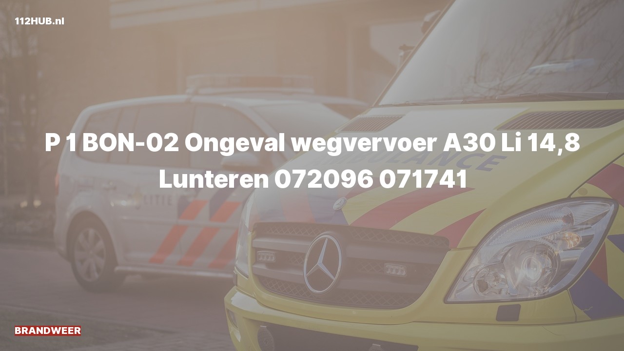 Deelafbeelding voor Brandweer met spoed voor verkeersongeval op de A30 bij hectometerpaaltje 14.8.